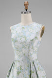 Blue Floral A Line Wedding Guest Dress with Pockets