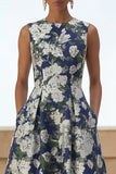 A Line Navy Floral Round Neck Wedding Guest Dress with Pockets