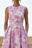 Round Neck A Line Lilac Floral Wedding Guest Dress with Pockets