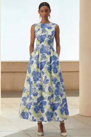 Floral A Line Blue Round Neck Wedding Guest Dress with Pockets
