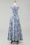 Floral A Line Blue Round Neck Wedding Guest Dress with Pockets