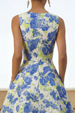 Floral A Line Blue Round Neck Wedding Guest Dress with Pockets