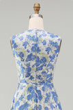 Floral A Line Blue Round Neck Wedding Guest Dress with Pockets