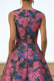 Fuchsia Floral A Line Round Neck Wedding Guest Dress