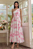 One Shoulder Floral White A Line Wedding Guest Dress