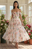 Off the Shoulder Floral Black A Line Wedding Guest Dress