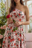 Floral One Shoulder Pink A Line Wedding Guest Dress