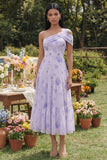 One Shoulder Floral Ruffled Lilac A Line Wedding Guest Dress