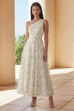Floral One Shoulder Light Green A Line Wedding Guest Dress