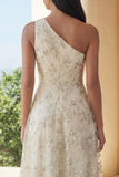 Floral One Shoulder Light Green A Line Wedding Guest Dress