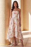 Strapless Floral White High Low Ruffled Wedding Guest Dress