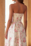 Strapless Floral White High Low Ruffled Wedding Guest Dress