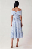 Off the Shoulder Blue Floral A Line Midi Wedding Guest Dress