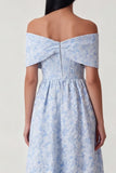 Off the Shoulder Blue Floral A Line Midi Wedding Guest Dress