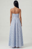 Strapless Floral Blue A Line Maxi Wedding Guest Dress