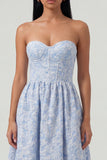 Strapless Floral Blue A Line Maxi Wedding Guest Dress