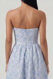 Strapless Floral Blue A Line Maxi Wedding Guest Dress