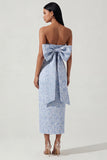 Blue Strapless Floral Wedding Guest Dress with Bow
