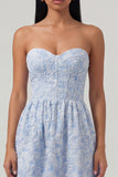 Blue Strapless Floral Ruffled Corset Wedding Guest Dress