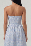 Blue Strapless Floral Ruffled Corset Wedding Guest Dress