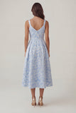Blue Floral A Line Ruched Midi Wedding Guest Dress