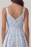 Blue Floral A Line Ruched Midi Wedding Guest Dress