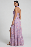 Floral Ruffled Lilac A Line Maxi Wedding Guest Dress