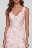 Pink Floral Sequin V Neck Maxi Wedding Guest Dress