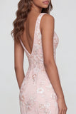 Pink Floral Sequin V Neck Maxi Wedding Guest Dress