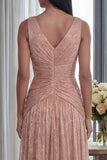 Ruched Dusty Rose A Line V Neck Formal Dress