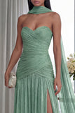 Strapless Ruched A Line Dusty Sage Formal Dress with Slit