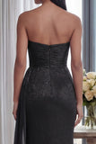 Black Strapless Ruched Formal Dress with Streamer
