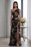 Gold One Shoulder Ruched A Line Formal Dress