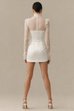 High Neck Lace Long Sleeve Mini White Dress