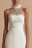 High Neck White Midi Graduation Dress with Ruffles