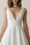 A Line V Neck Mini White Dress