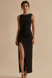 White Ruched Round Neck Formal Dress with Slit