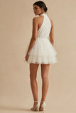 Halter Tulle Tiered Mini White Dress