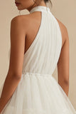 Halter Tulle Tiered Mini White Dress