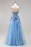 Blue Strapless Appliqued Corset A Line Tulle Prom Dress