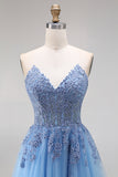 Blue Strapless Appliqued Corset A Line Tulle Prom Dress