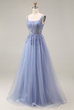 Blue Corset Appliqued A Line Tulle Maxi Prom Dress