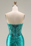Mermaid Satin Strapless Corset Peacock Prom Dress