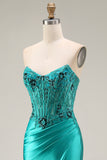 Mermaid Satin Strapless Corset Peacock Prom Dress