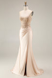 Strapless Mermaid Appliqued Corset Champagne Prom Dress