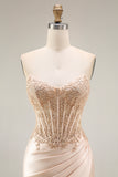 Strapless Mermaid Appliqued Corset Champagne Prom Dress