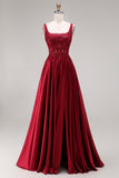 Burgundy Corset Sequin A Line Satin Prom Dress