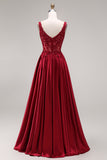 Burgundy Corset Sequin A Line Satin Prom Dress