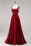 Burgundy Corset Sequin A Line Satin Prom Dress