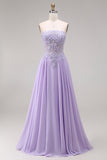 Strapless Lilac Corset Appliqued A Line Prom Dress